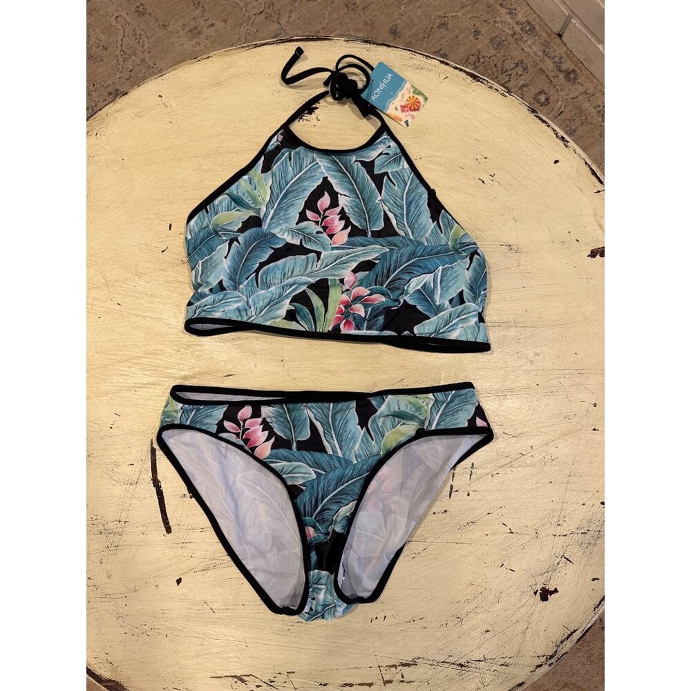 Aonihua Bikini Set Women 2XL Tropical Leaf High‎ Neck Halter Two Piece Swimsuit